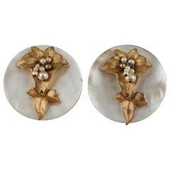mother of pearl disc earrings Vintage Mid Century French Mother of Pearl Jeweled Disc Earrings