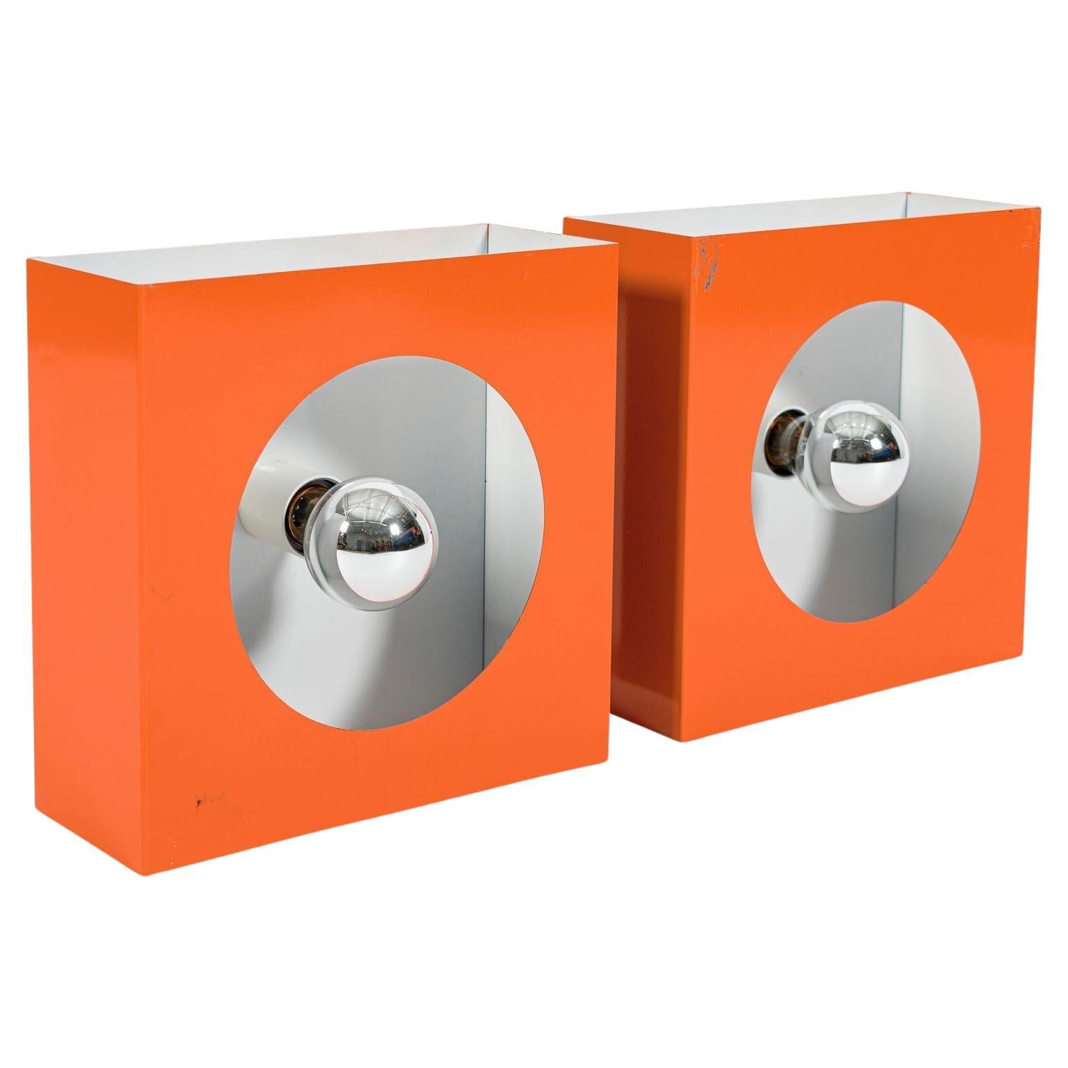 Vintage Mid Century French Orange Metal Wall Light Sconces by Disderot (attr)