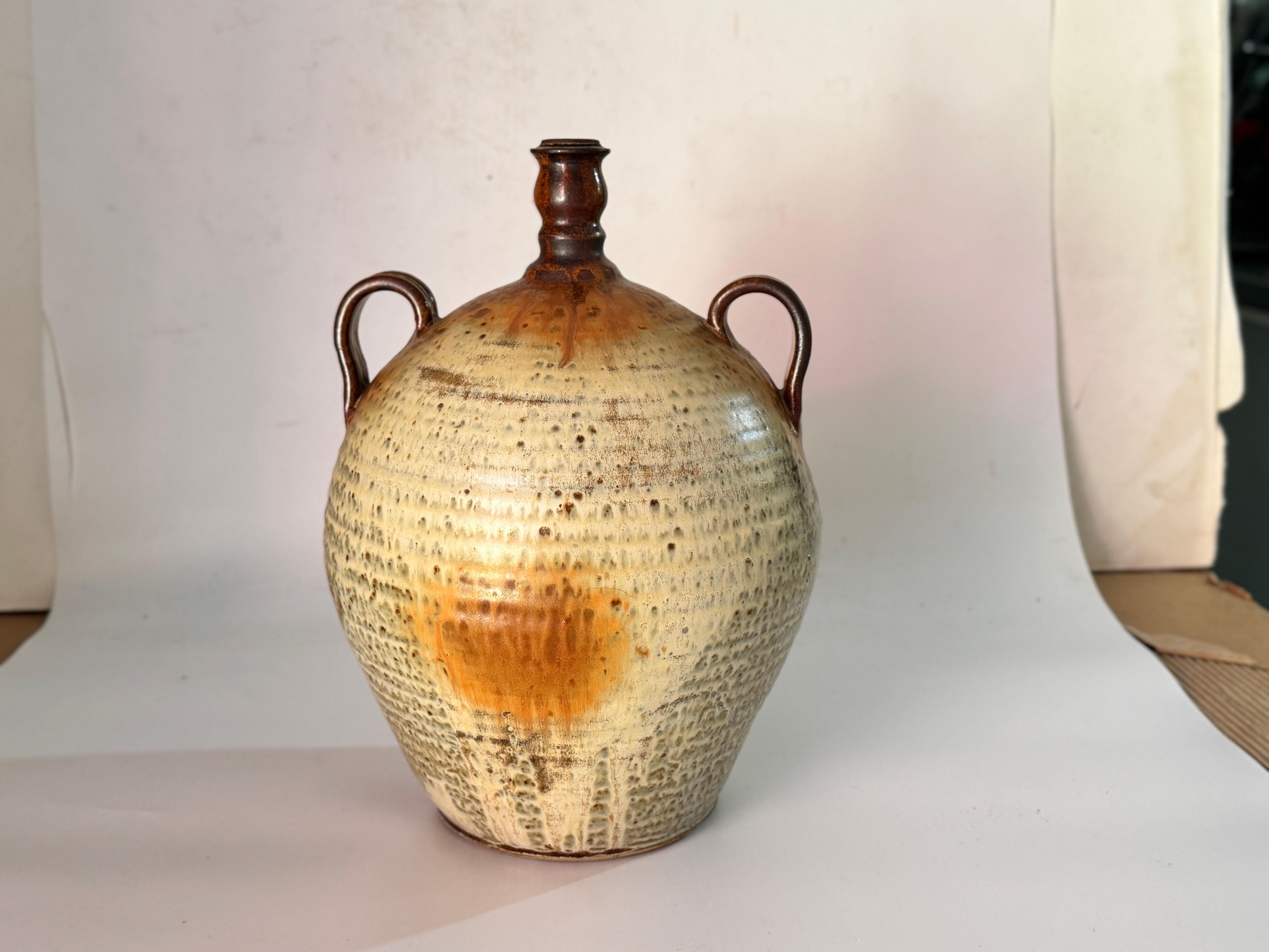Vintage Mid-Century French Provincial Steingut Töpfer Krug Tischlampe Braun (20. Jahrhundert) im Angebot