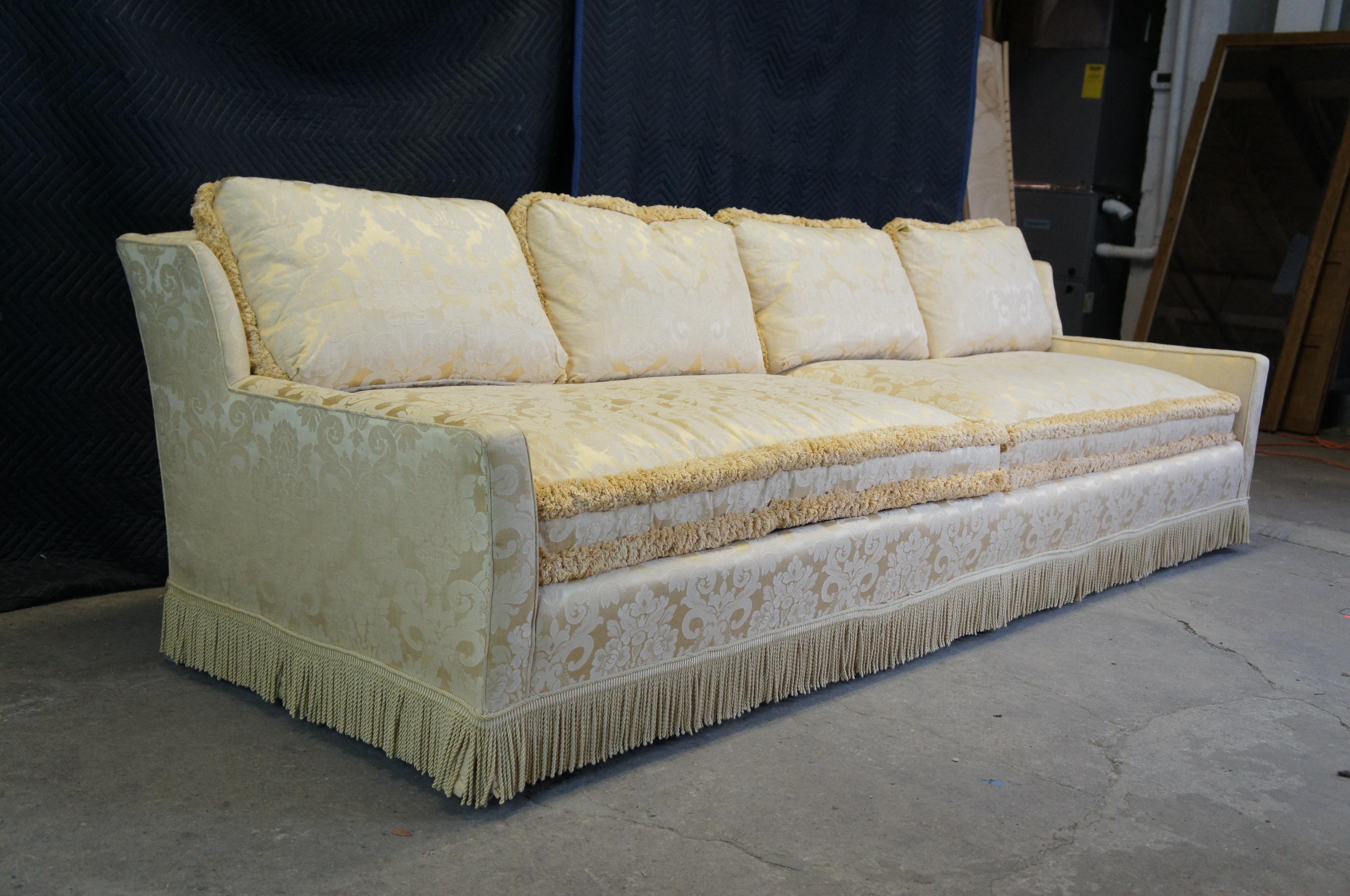 Mid-Century Modern Vintage Mid Century French Silk Brocade Down Filled Track Arm Sofa Couch Fringe