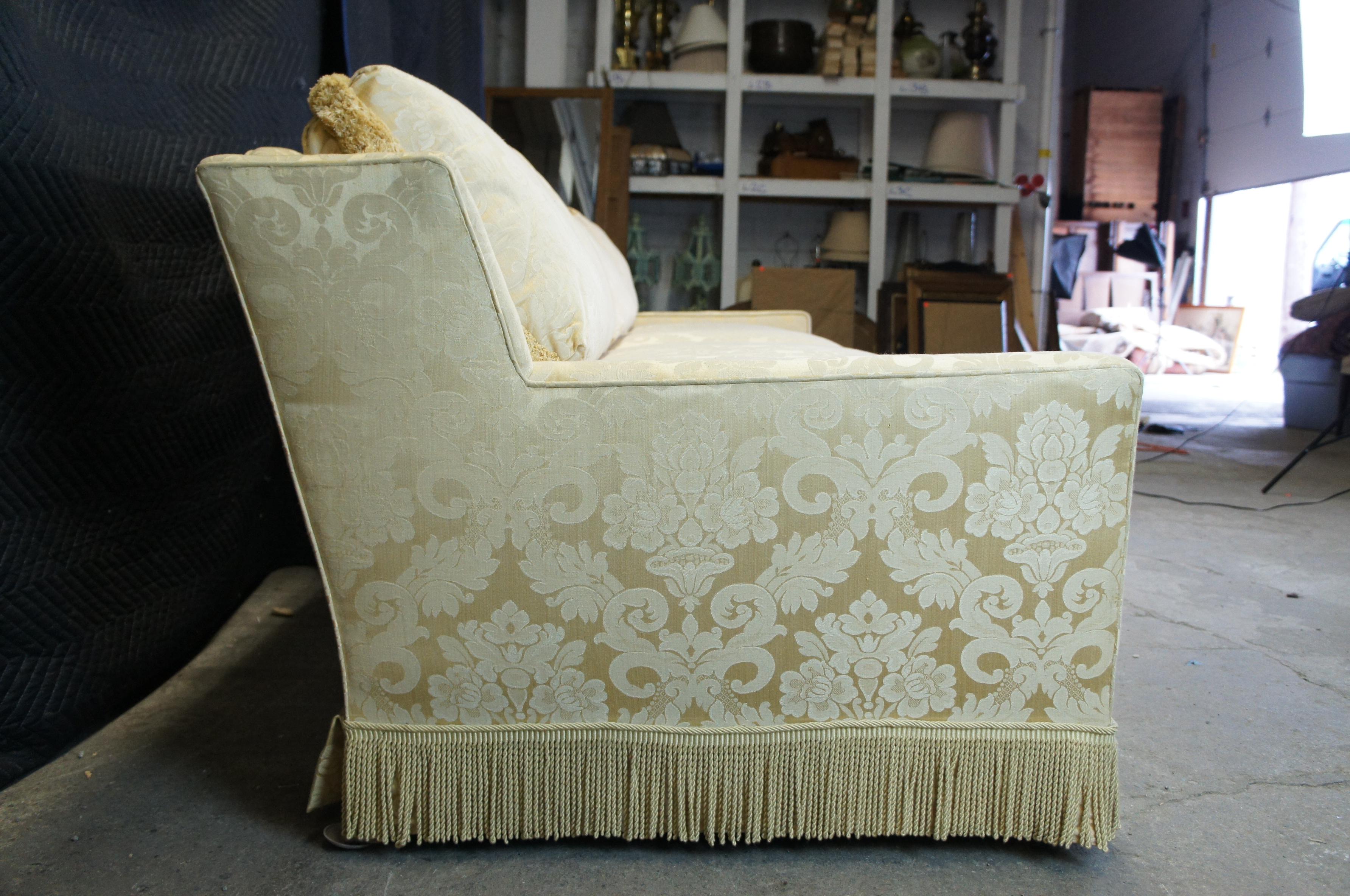 20th Century Vintage Mid Century French Silk Brocade Down Filled Track Arm Sofa Couch Fringe