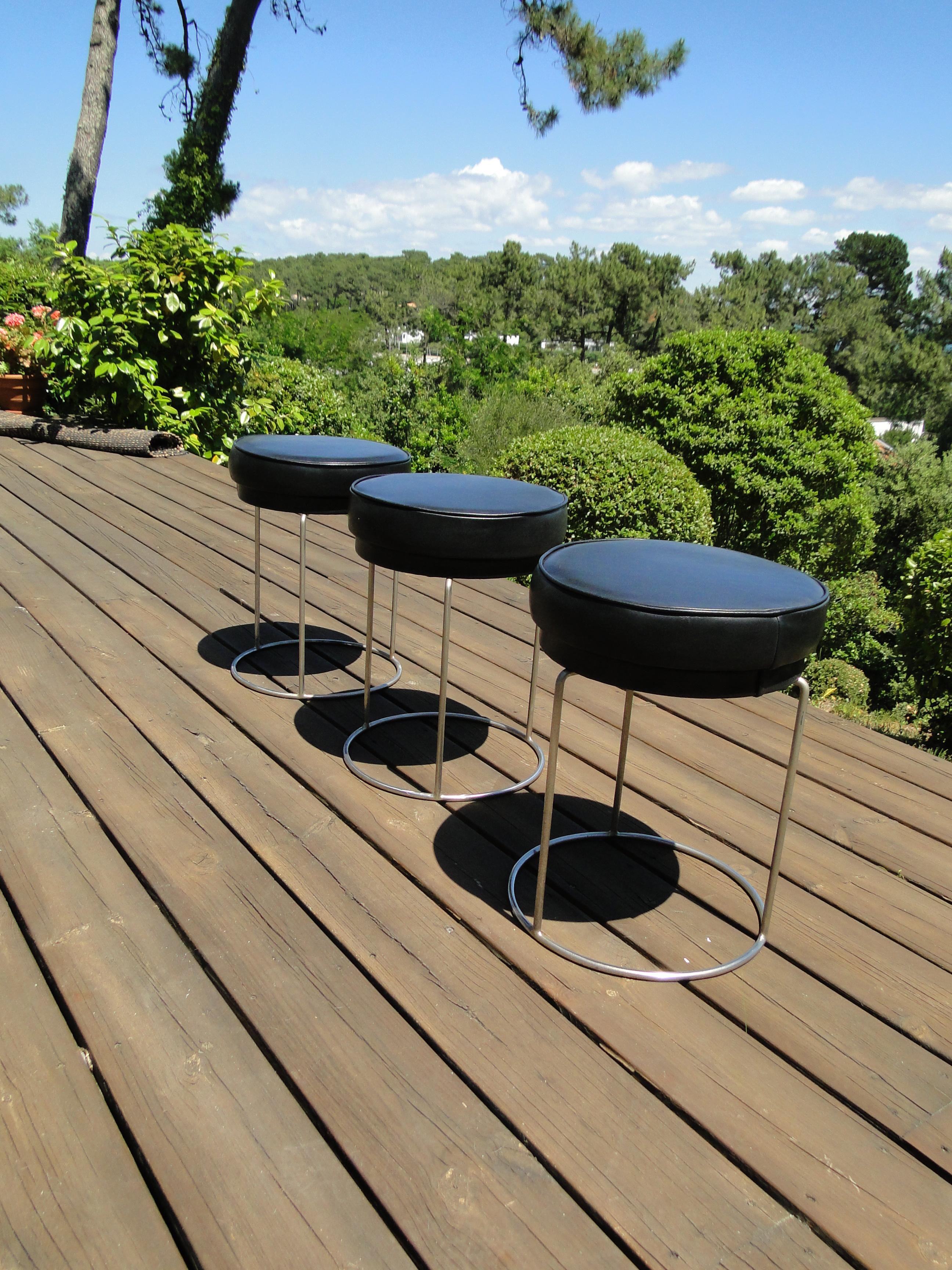 Mid-Century Modern Jacques Adnet Style Vintage French Mid Century Leather and Metal Stools set 3  For Sale