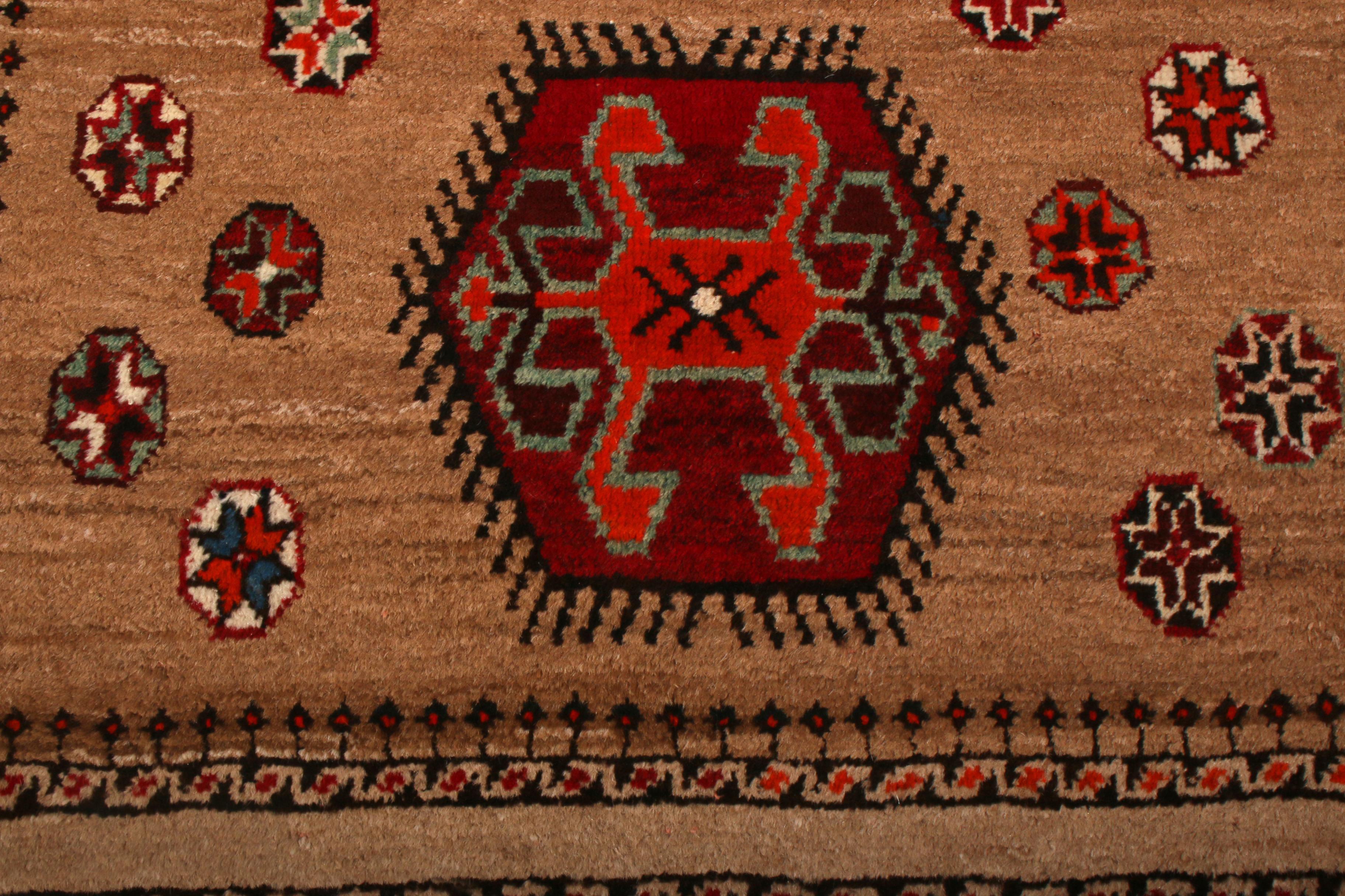 Hand-Knotted Vintage Midcentury Gabbeh Beige-Brown and Red Wool Persian Tribal by Rug & Kilim For Sale