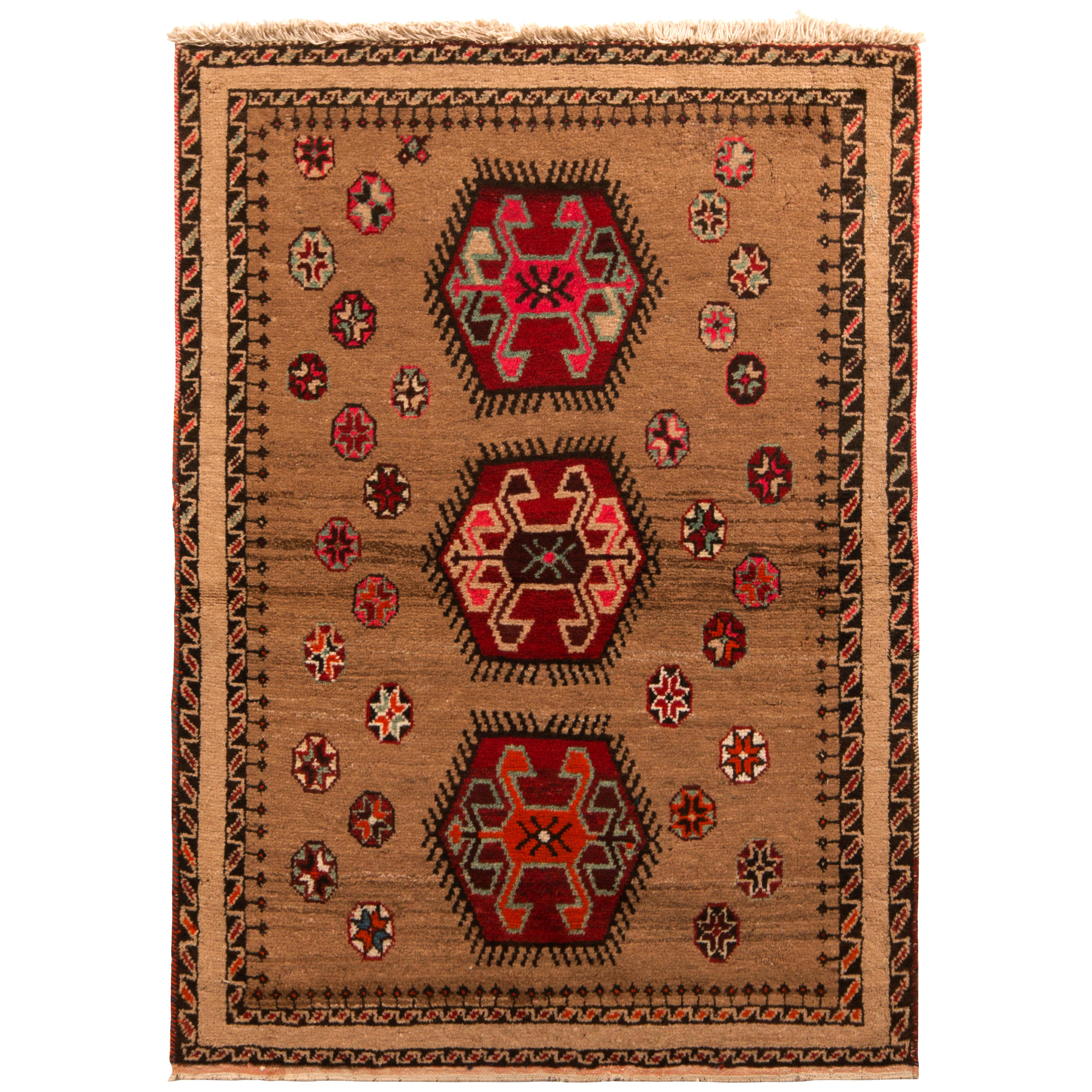 Vintage Midcentury Gabbeh Beige-Brown and Red Wool Persian Tribal by Rug & Kilim