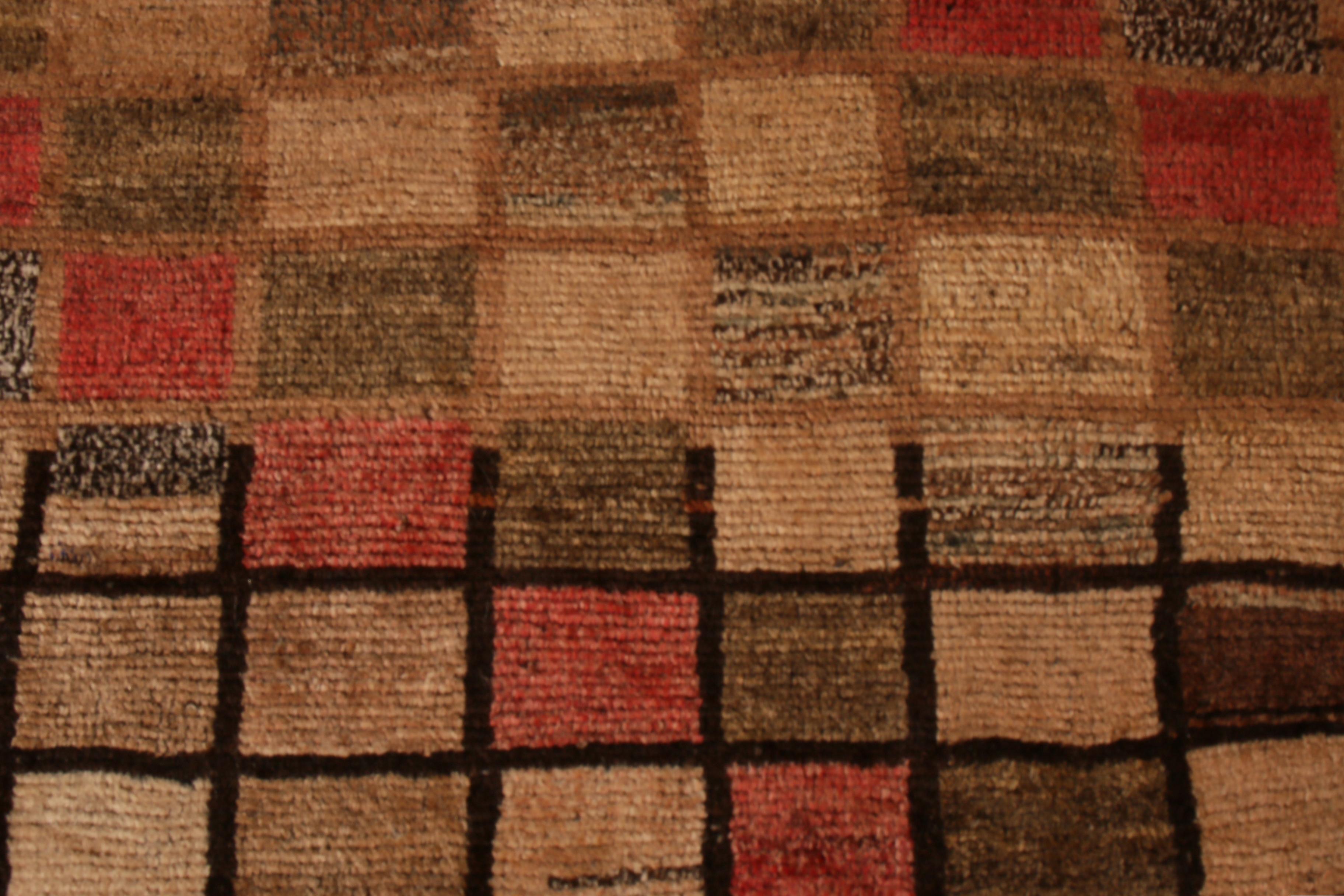 Hand-Knotted Vintage Midcentury Gabbeh Geometric Beige-Brown Wool Persian Rug by Rug & Kilim