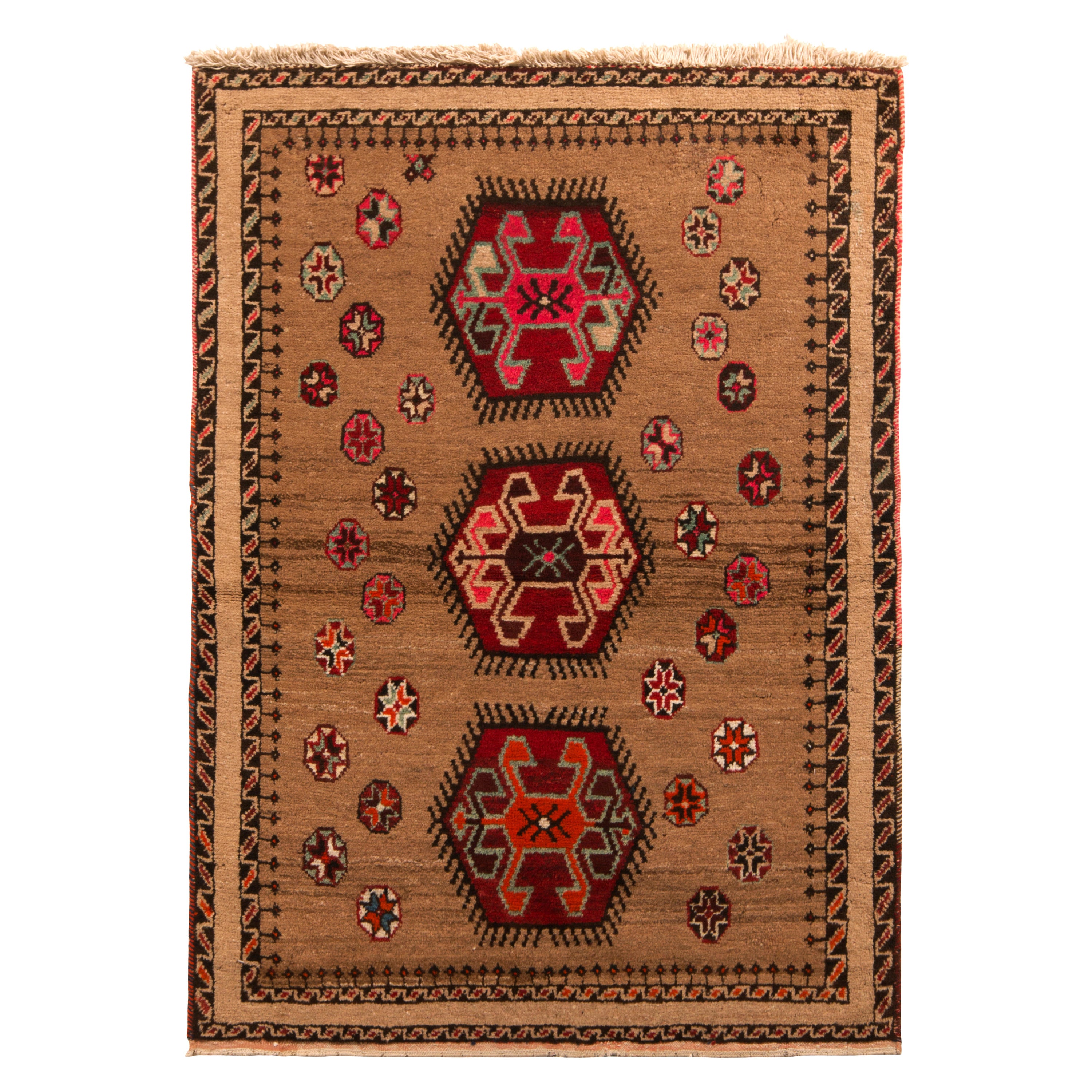Tappeto persiano vintage di metà secolo Gabbeh Geometrico in lana marrone e rossa di Rug & Kilim