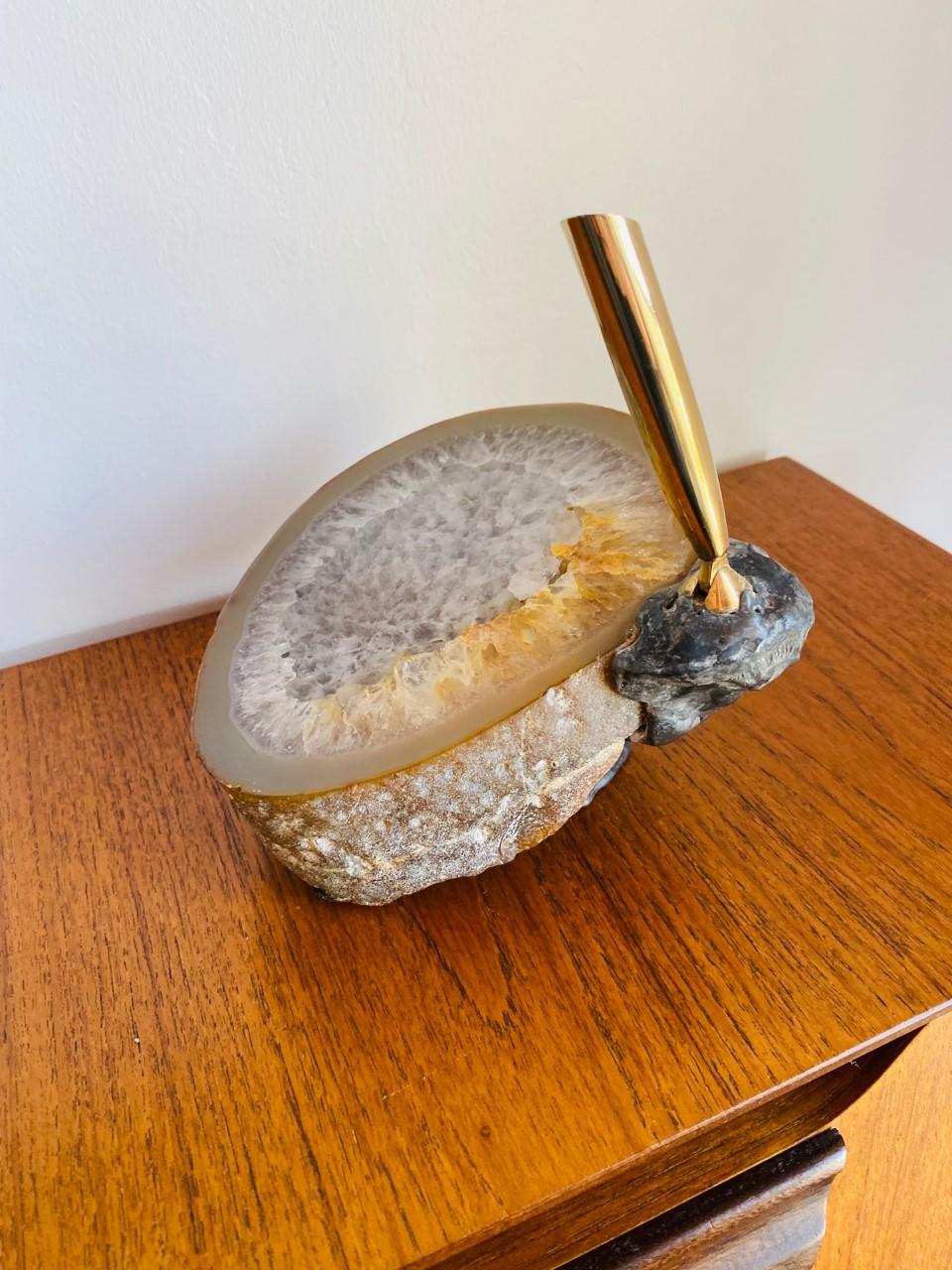 Hand-Crafted Vintage Mid-Century Geode and Bronze Pen Holder For Sale
