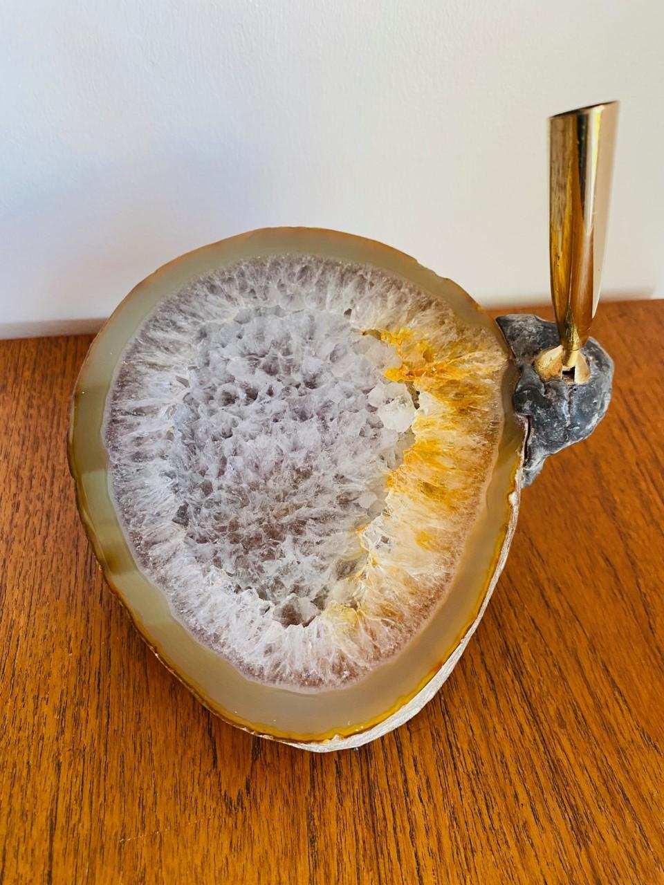 Vintage Mid-Century Geode and Bronze Pen Holder In Good Condition For Sale In San Diego, CA