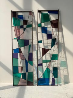 Vintage Mid Century Geometric Abstract Stained Glass Panels, A Pair, Circa 1960s