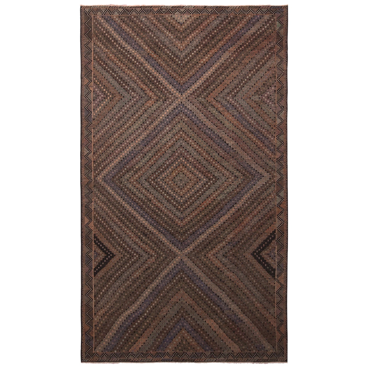 Vintage Mid-Century Geometrico Beige Brown and Blue Wool Kilim Rug & Kilim