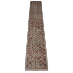 Vintage Geometric Beige Brown and Pink Wool Runner, Deco Style by Rug & Kilim