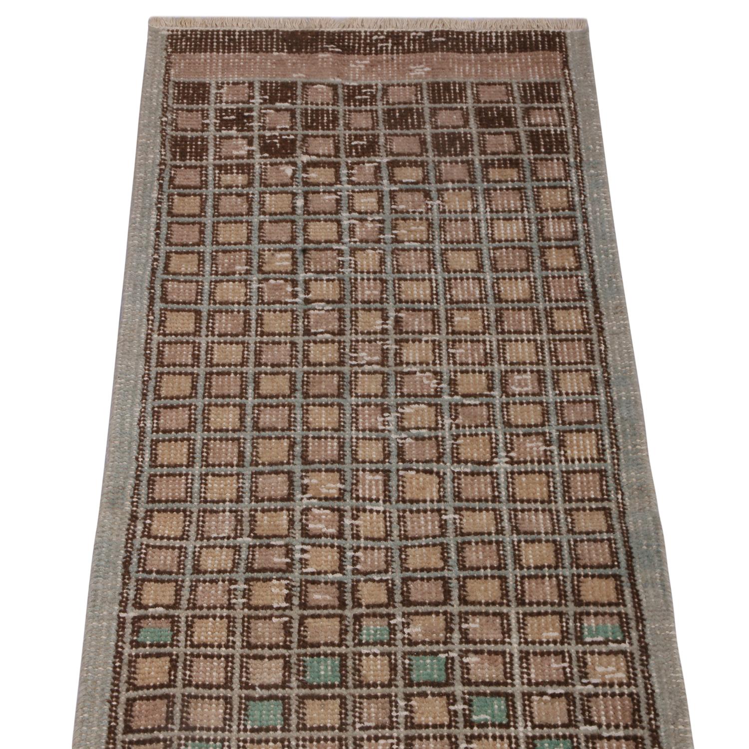 Turkish Vintage Geometric Beige Brown and Pink Wool Runner, Deco Style by Rug & Kilim For Sale