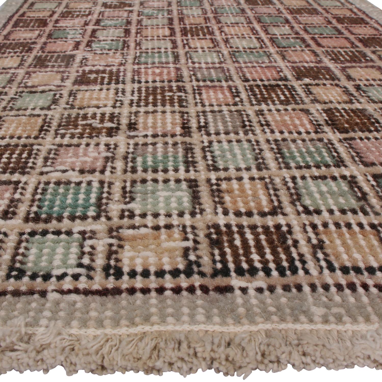 Hand-Knotted Vintage Geometric Beige Brown and Pink Wool Runner, Deco Style by Rug & Kilim For Sale