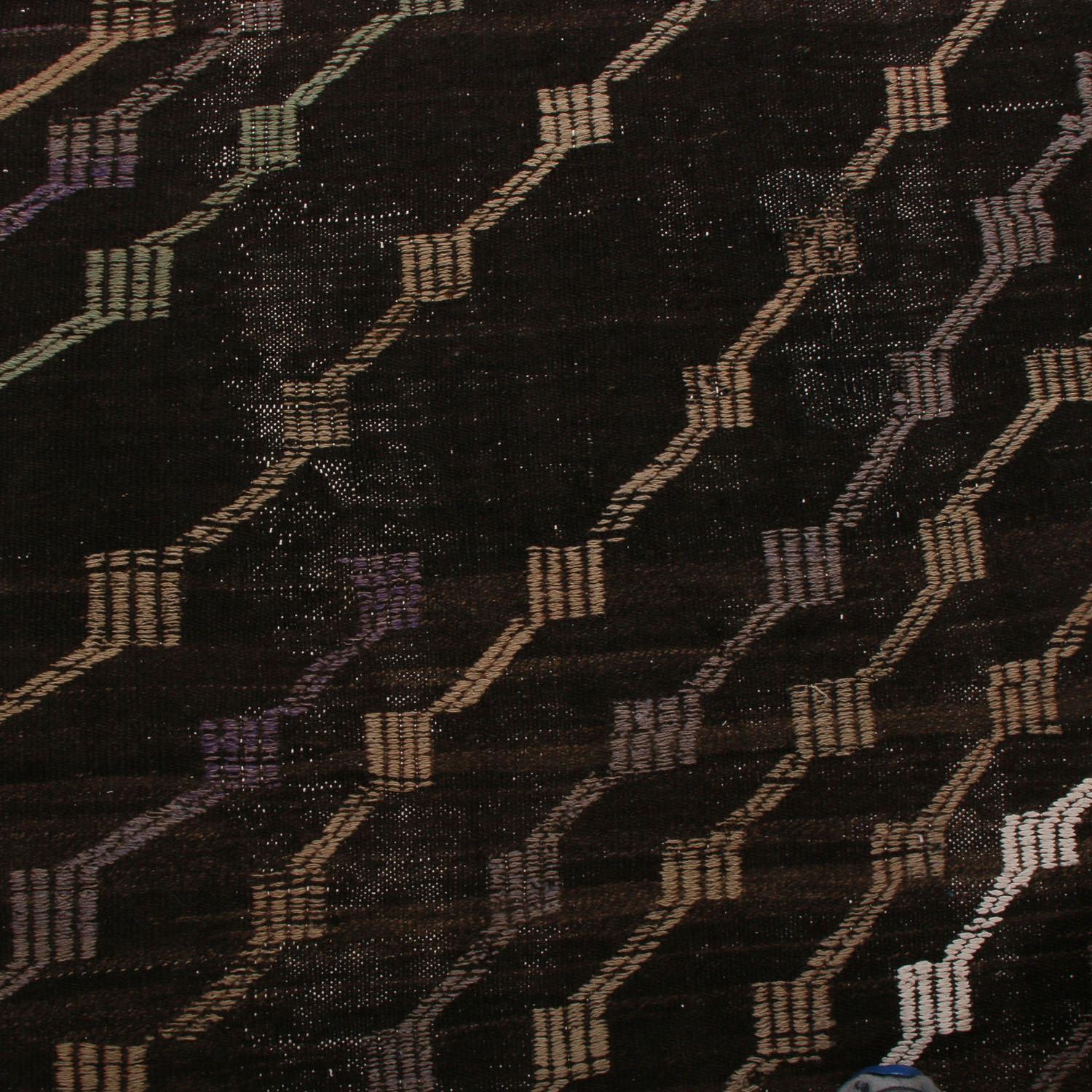 Turkish Vintage Midcentury Brown Purple/Green Wool Striped Kilim Rug by Rug & Kilim For Sale