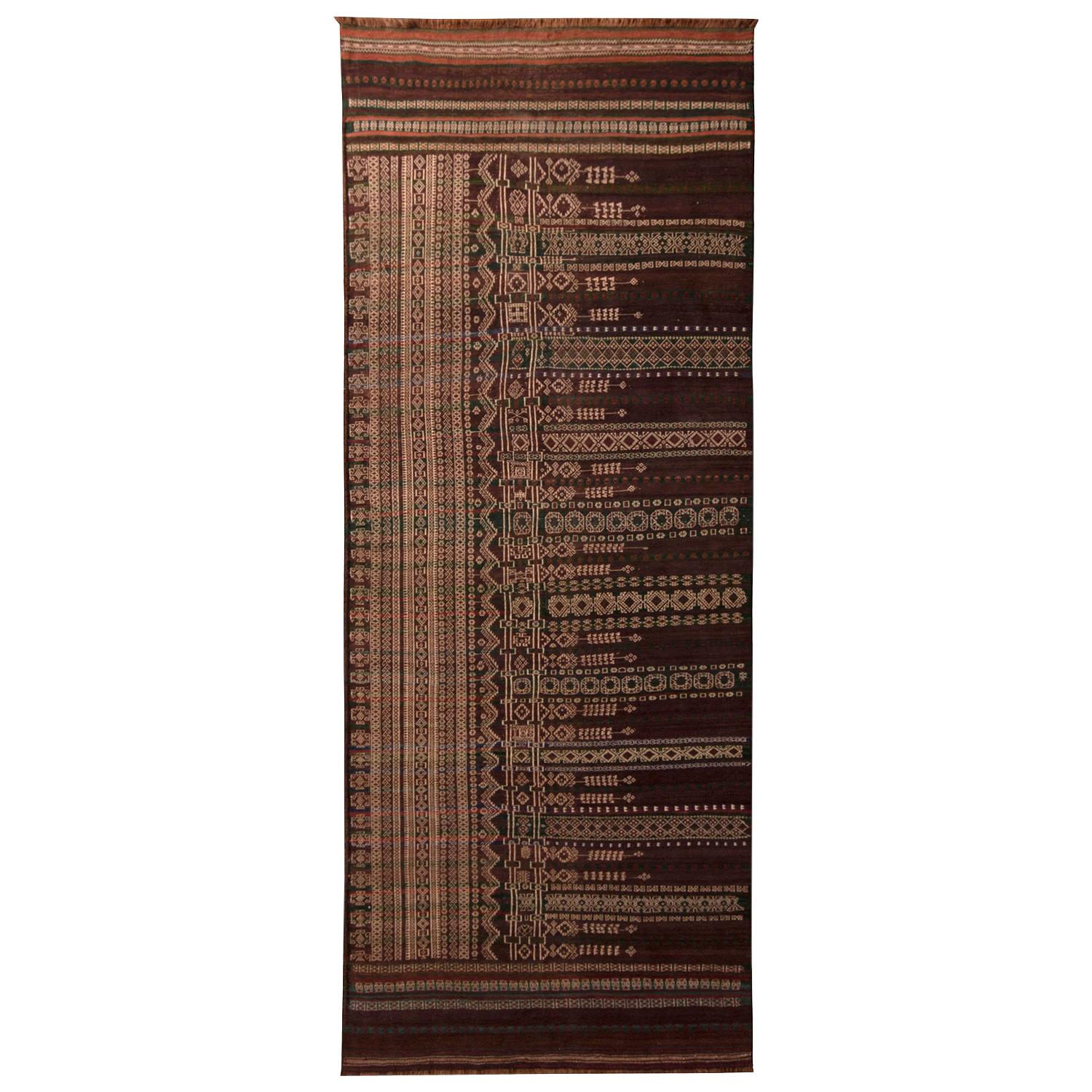 Vintage Baluch Kilim rug in Brown, White, Green Geometric Pattern by Rug & Kilim For Sale