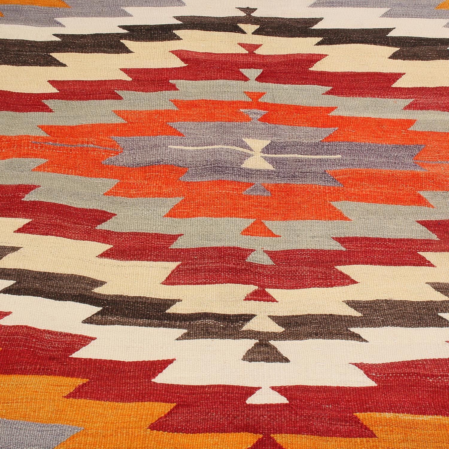 Turkish Vintage Midcentury Blue Wool Kilim Rug with Multi-Color Accents by Rug & Kilim For Sale