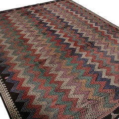 Vintage Midcentury Chevron Red Blue and Yellow Wool Kilim Rug by Rug & Kilim