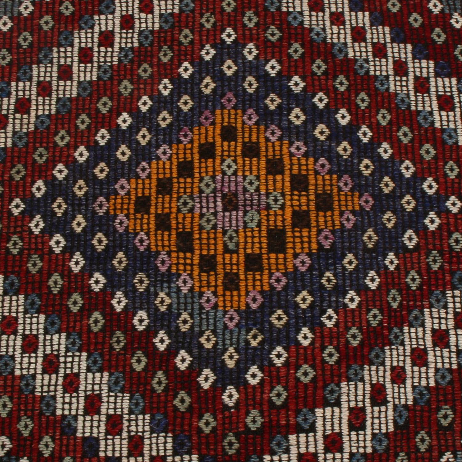 Turkish Vintage Midcentury Diamond Red Orange, Blue Wool Kilim Runner Rug by Rug & Kilim For Sale