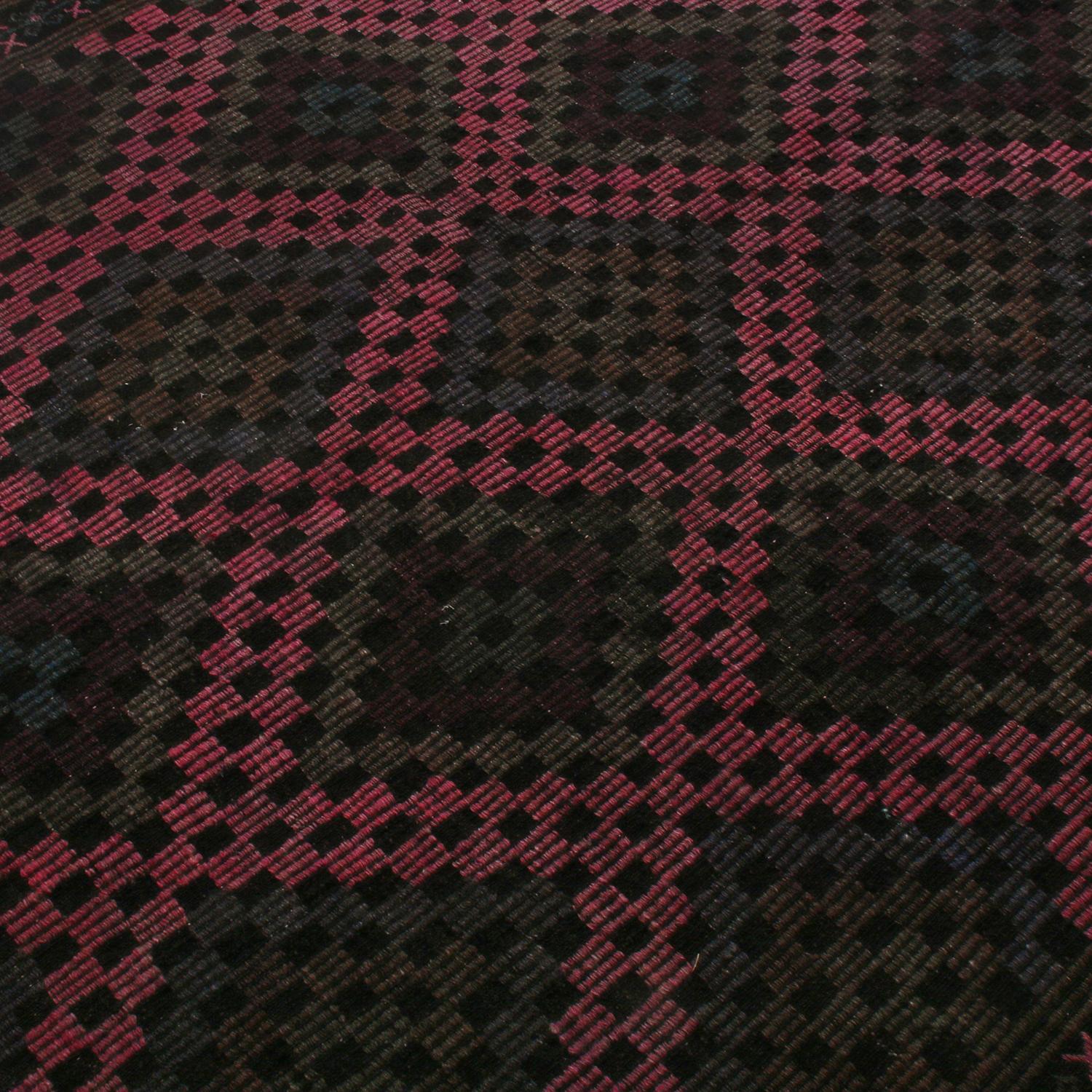 Hand-Knotted Vintage Midcentury Geometric Pink Purple and Brown Wool Kilim Rug by Rug & Kilim For Sale