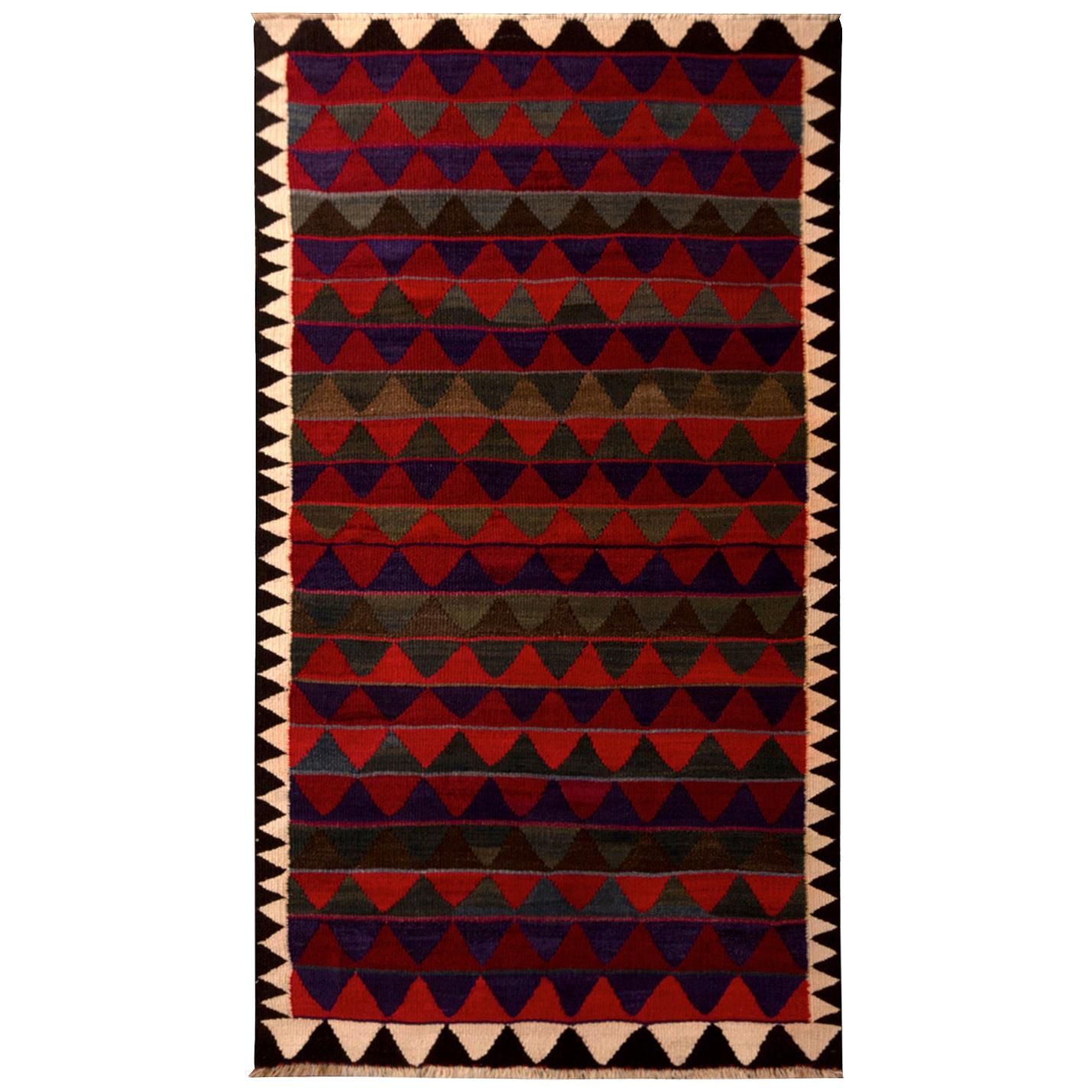 Vintage Geometric Red and Blue Wool Kurdish Persian Kilim by Rug & Kilim For Sale