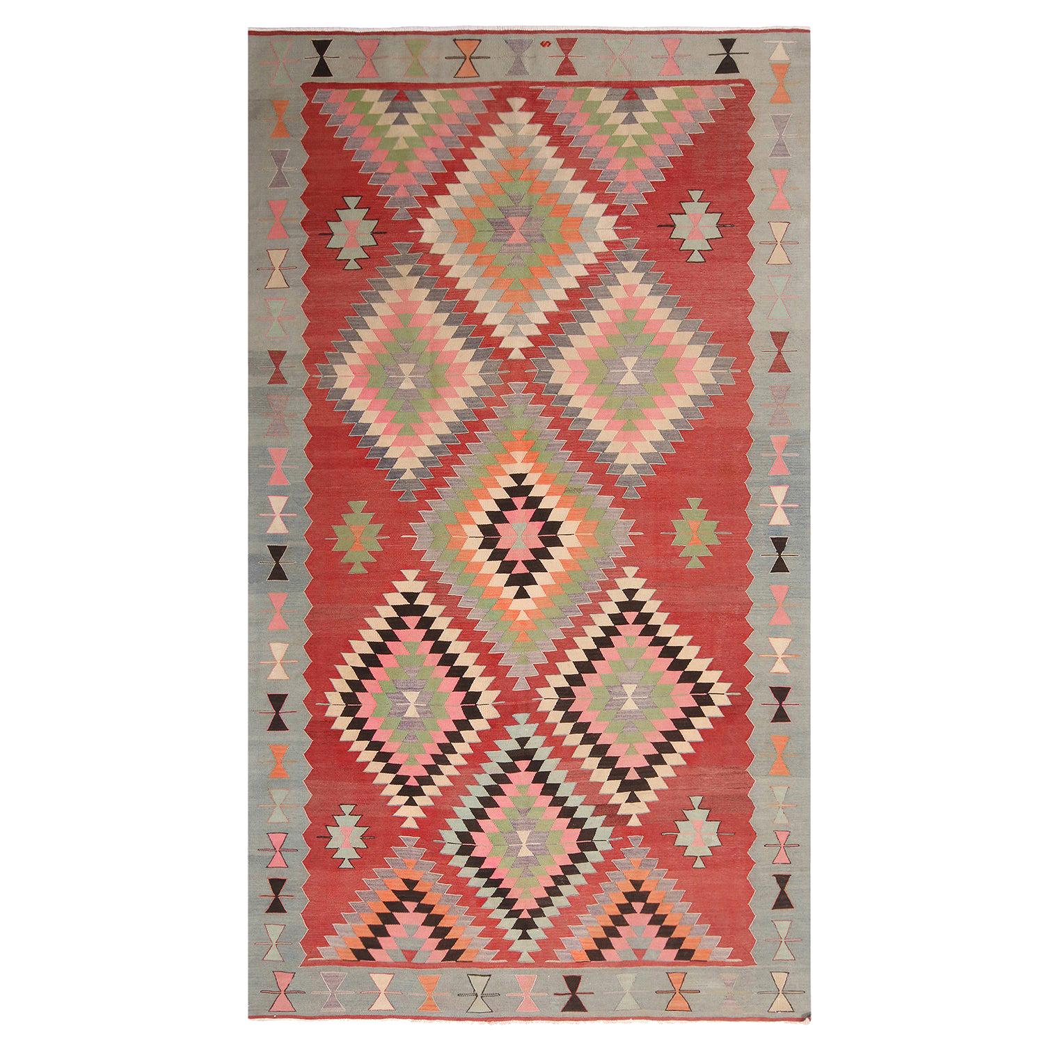 Vintage Midcentury Geometric Red and Teal Wool Kilim Rug