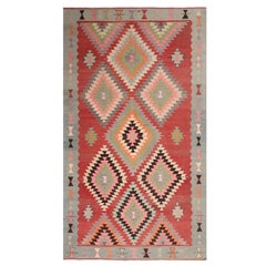 Retro Midcentury Geometric Red and Teal Wool Kilim Rug