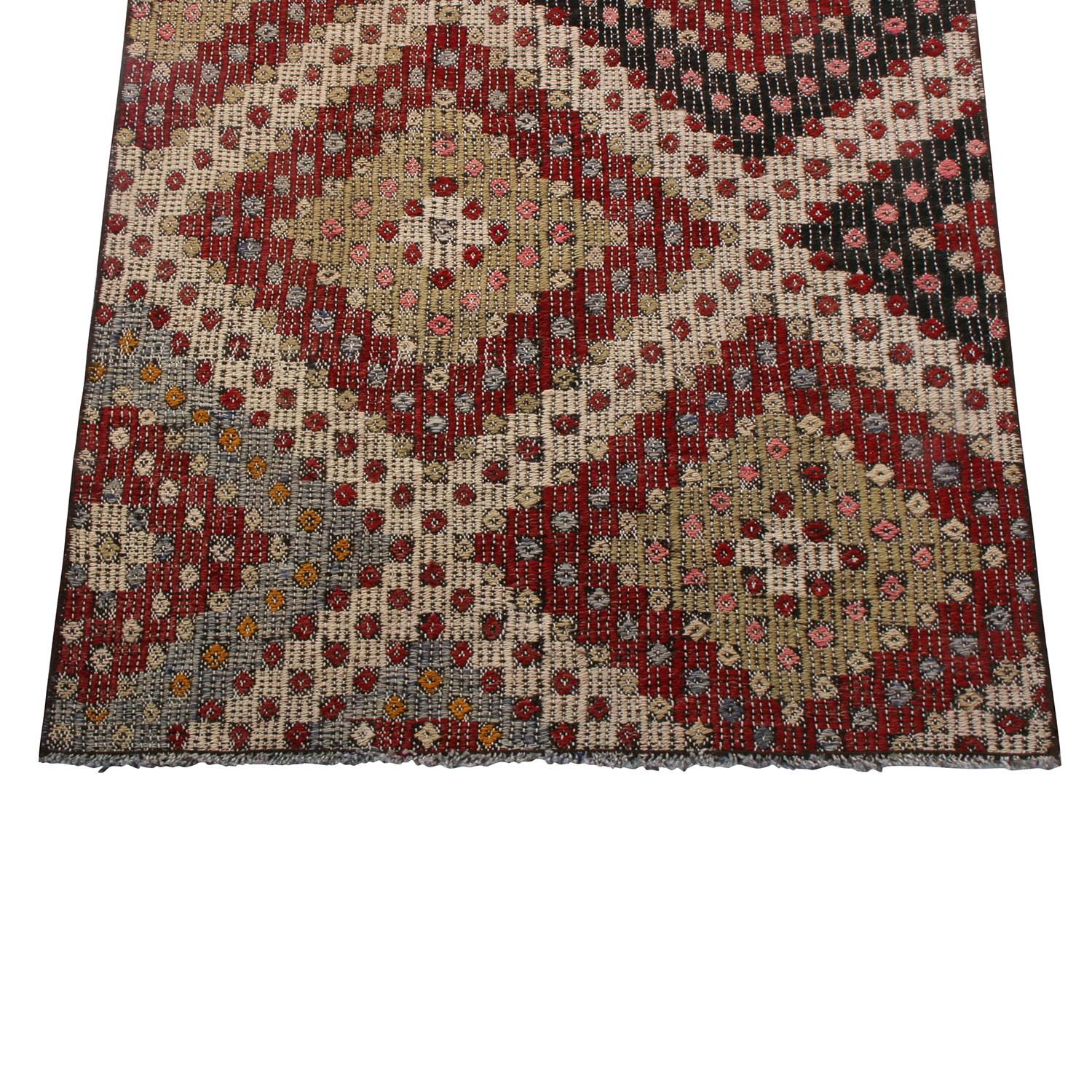 Turkish Vintage Midcentury Geometric Red Blue and Green Wool Kilim Rug by Rug & Kilim For Sale