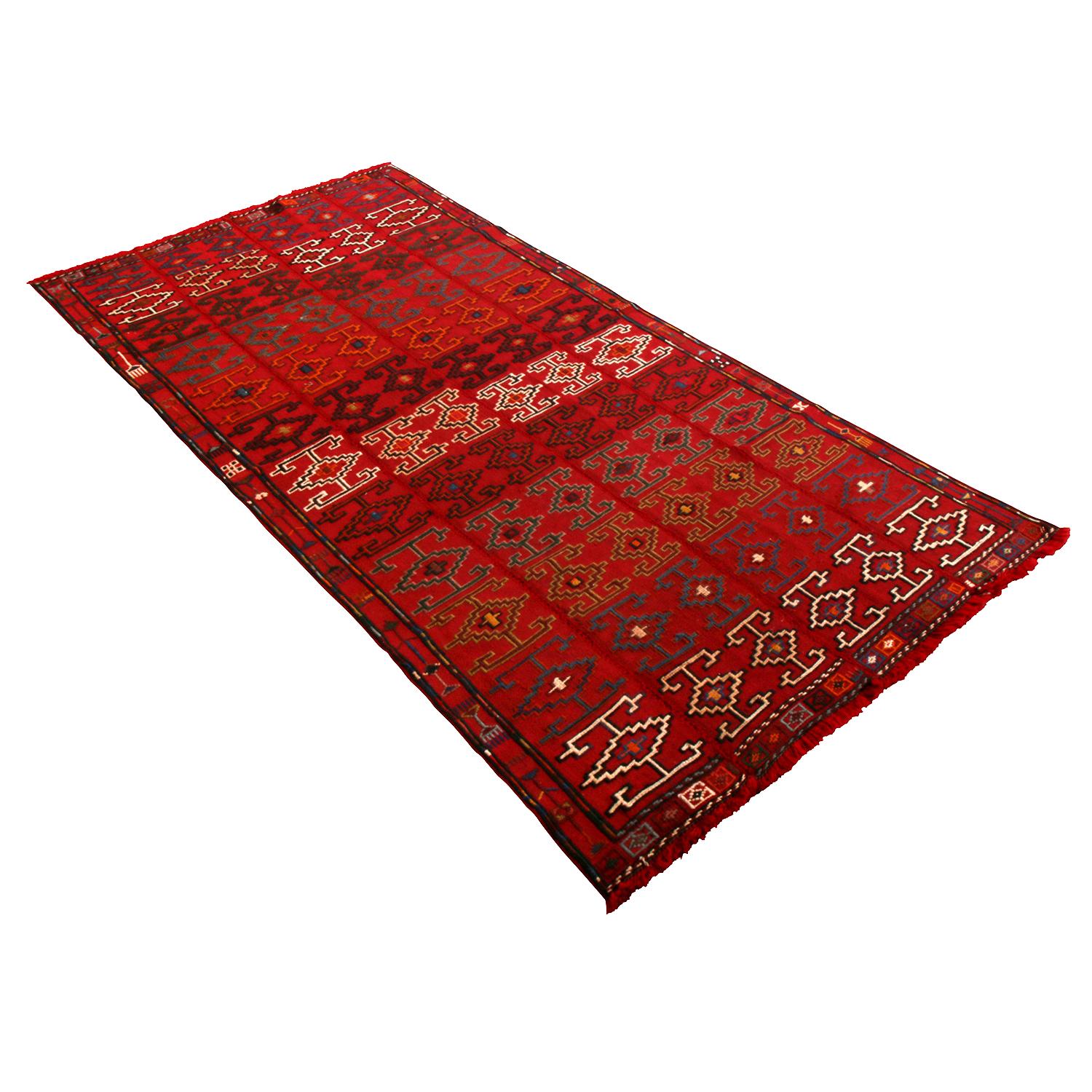Mid-Century Modern Vintage Midcentury Geometric Red Wool Verneh Persian Kilim Runner For Sale