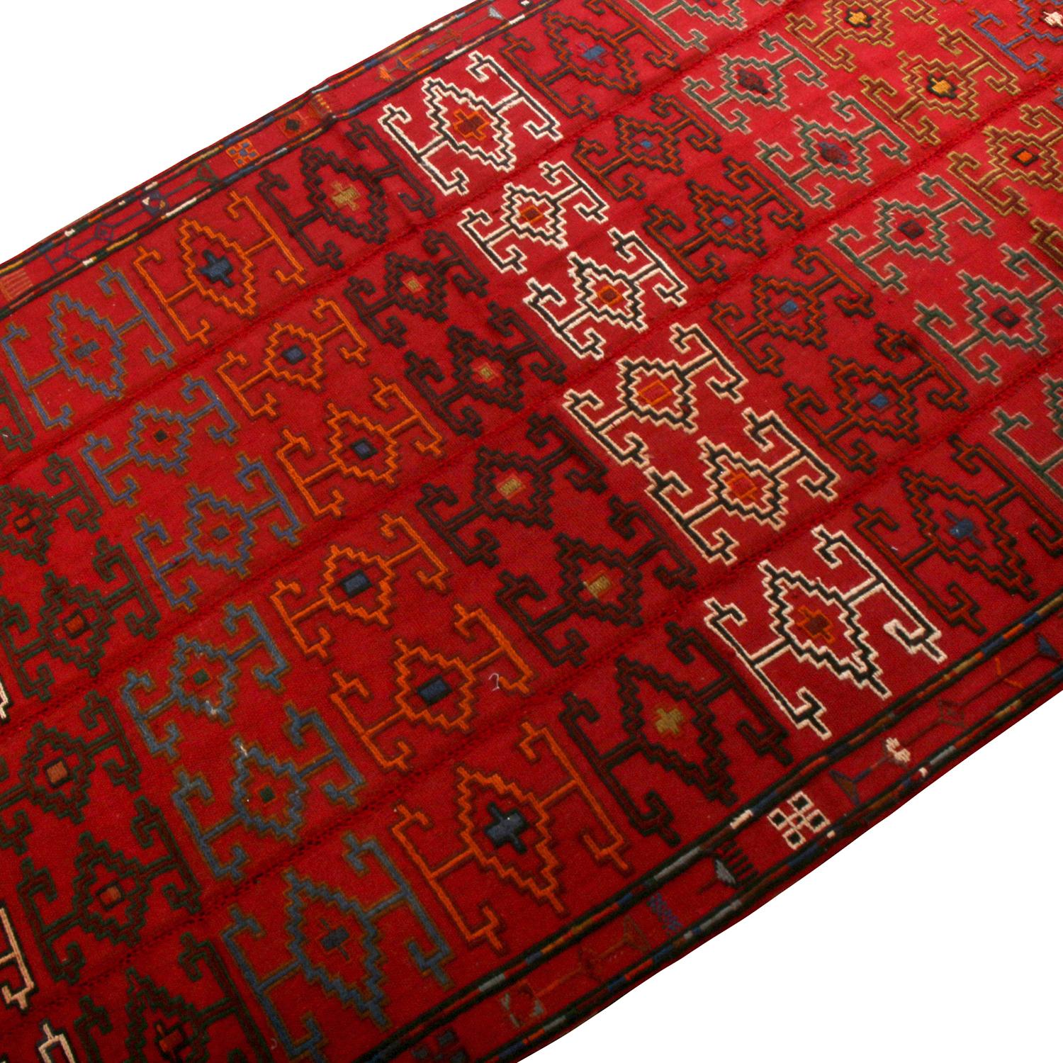 Hand-Knotted Vintage Midcentury Geometric Red Wool Verneh Persian Kilim Runner For Sale