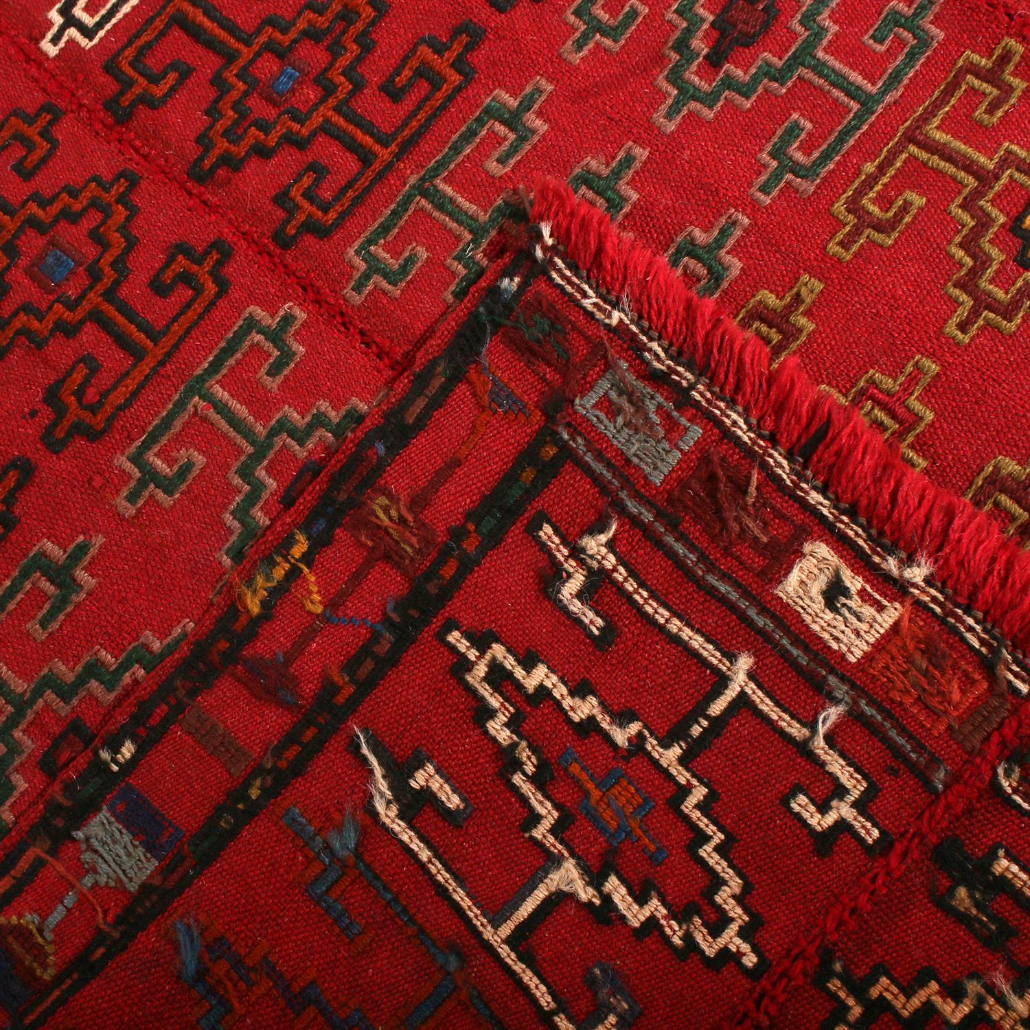 Vintage Midcentury Geometric Red Wool Verneh Persian Kilim Runner In Good Condition For Sale In Long Island City, NY