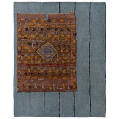 Tapis & Kilim - Tissage plat en laine à rayures géométriques marron et bleues, vintage