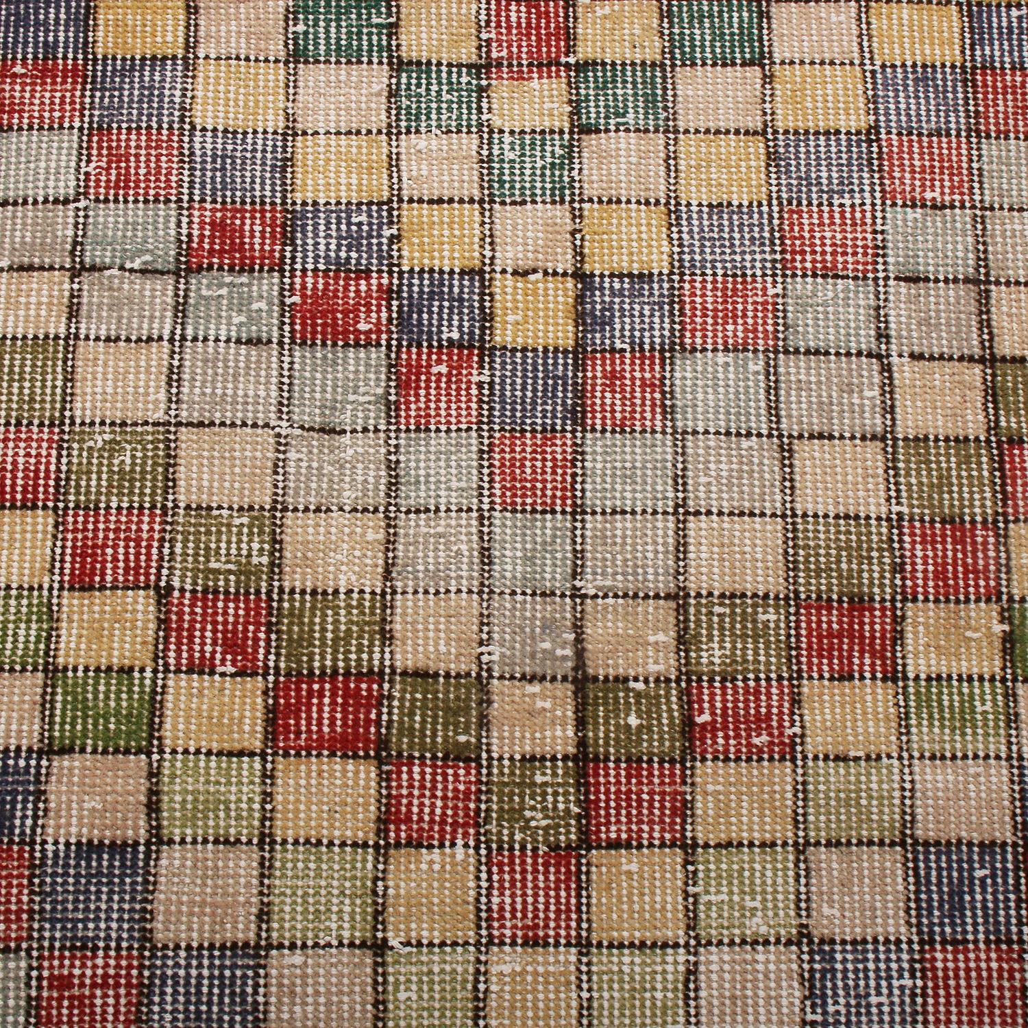 Hand-Knotted Vintage Midcentury Geometric Wool Rug with Multi-Color Pattern
