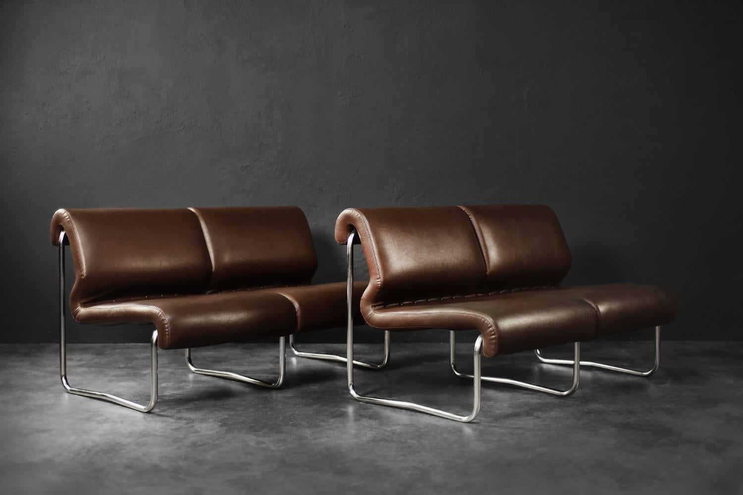 Divano da salotto a 2 posti con struttura in acciaio marrone, Vintage Mid-Century German Modern, anni '70 in vendita 10