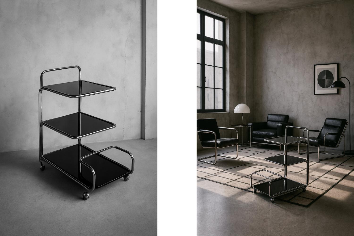 Este carrito de bar modernista se fabricó en Alemania durante la década de 1960. La barra está fabricada en acero tubular cromado con líneas suaves y fluidas y tres tapas horizontales de cristal negro. La parte inferior tiene un marco integrado,