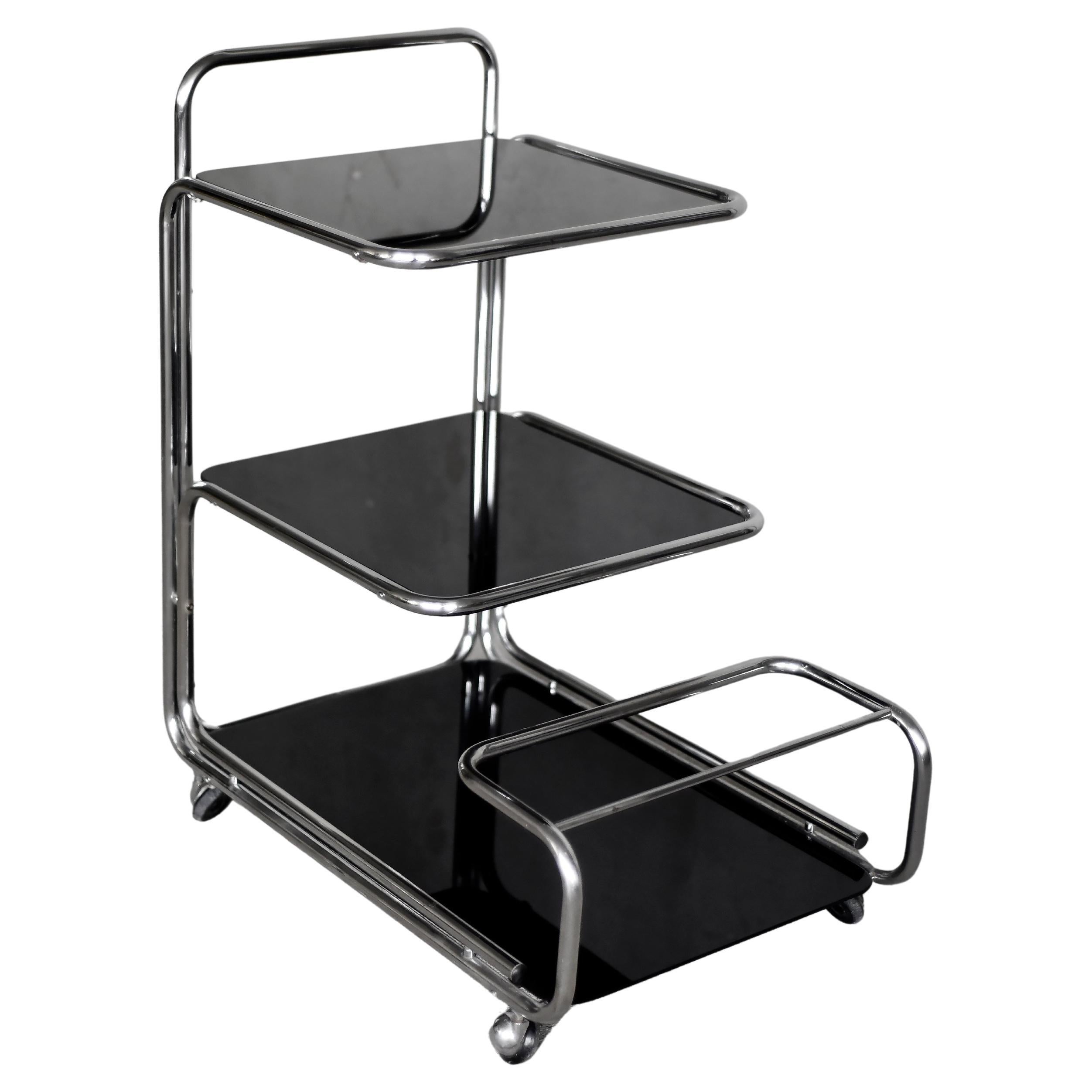 Vintage Mid-Century German Modern Bauhaus Chrome 
Glass Serving Trolley