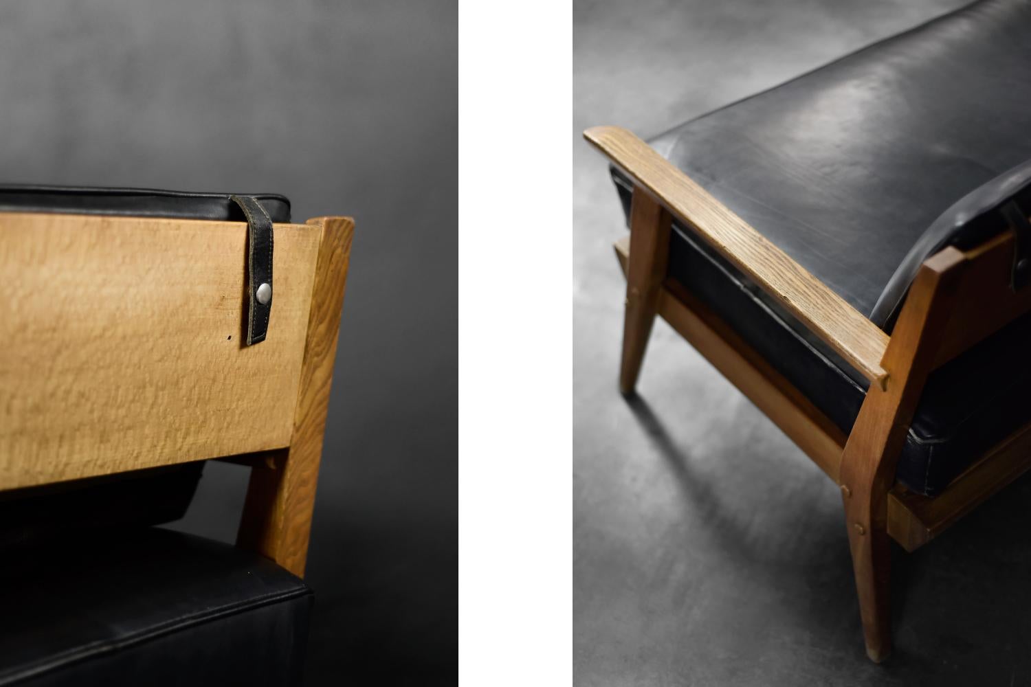 Vintage Mid-Century German Modern Oak & Black Leather Sofa, 1960er Jahre im Angebot 4