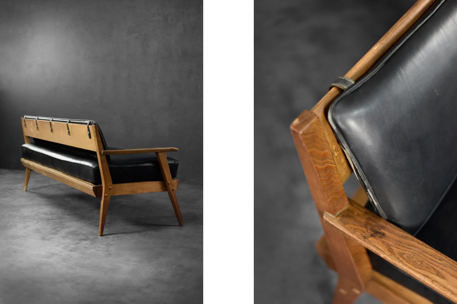 Vintage Mid-Century German Modern Oak & Black Leather Sofa, 1960er Jahre im Angebot 7