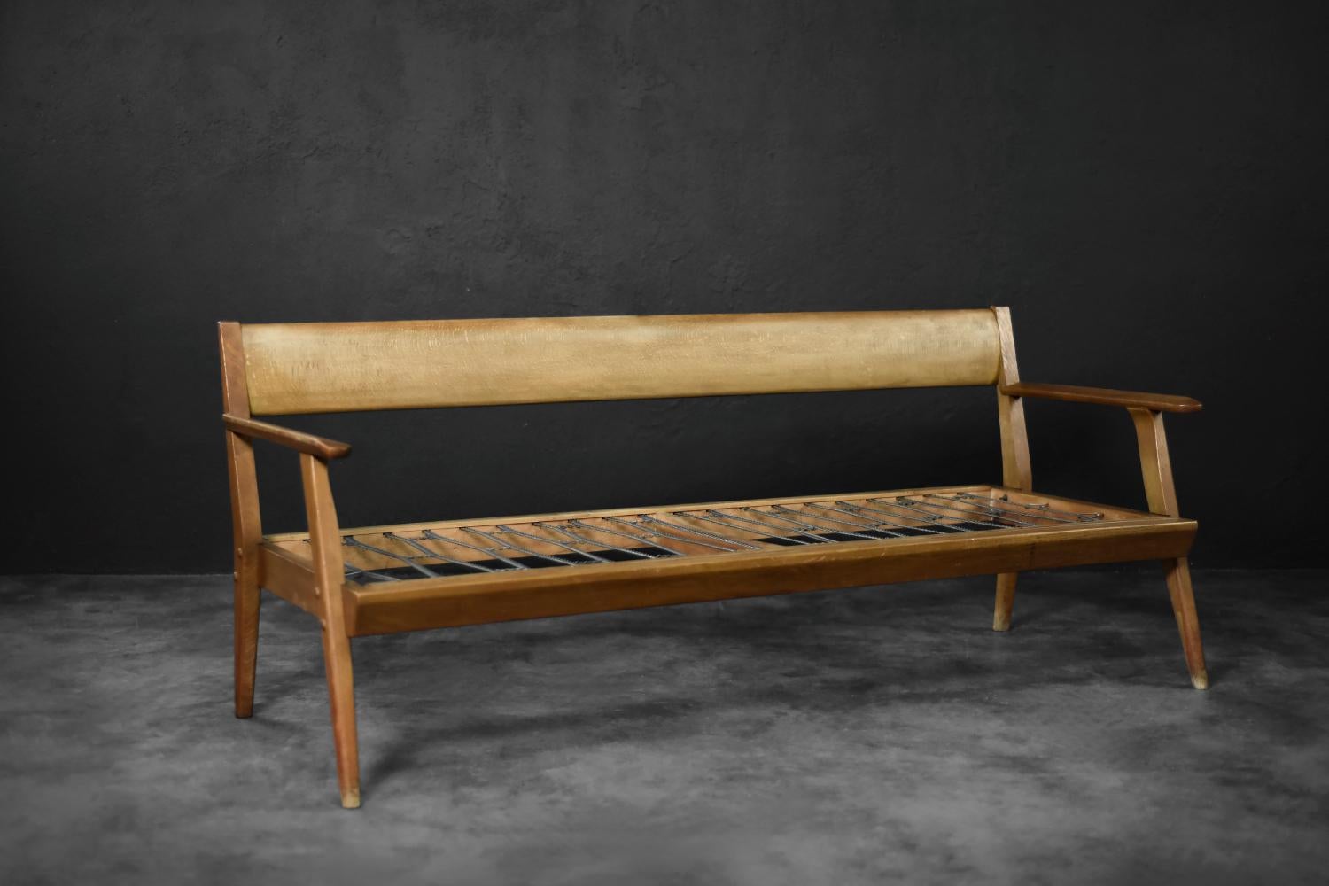 Vintage Mid-Century German Modern Oak & Black Leather Sofa, 1960er Jahre im Angebot 8