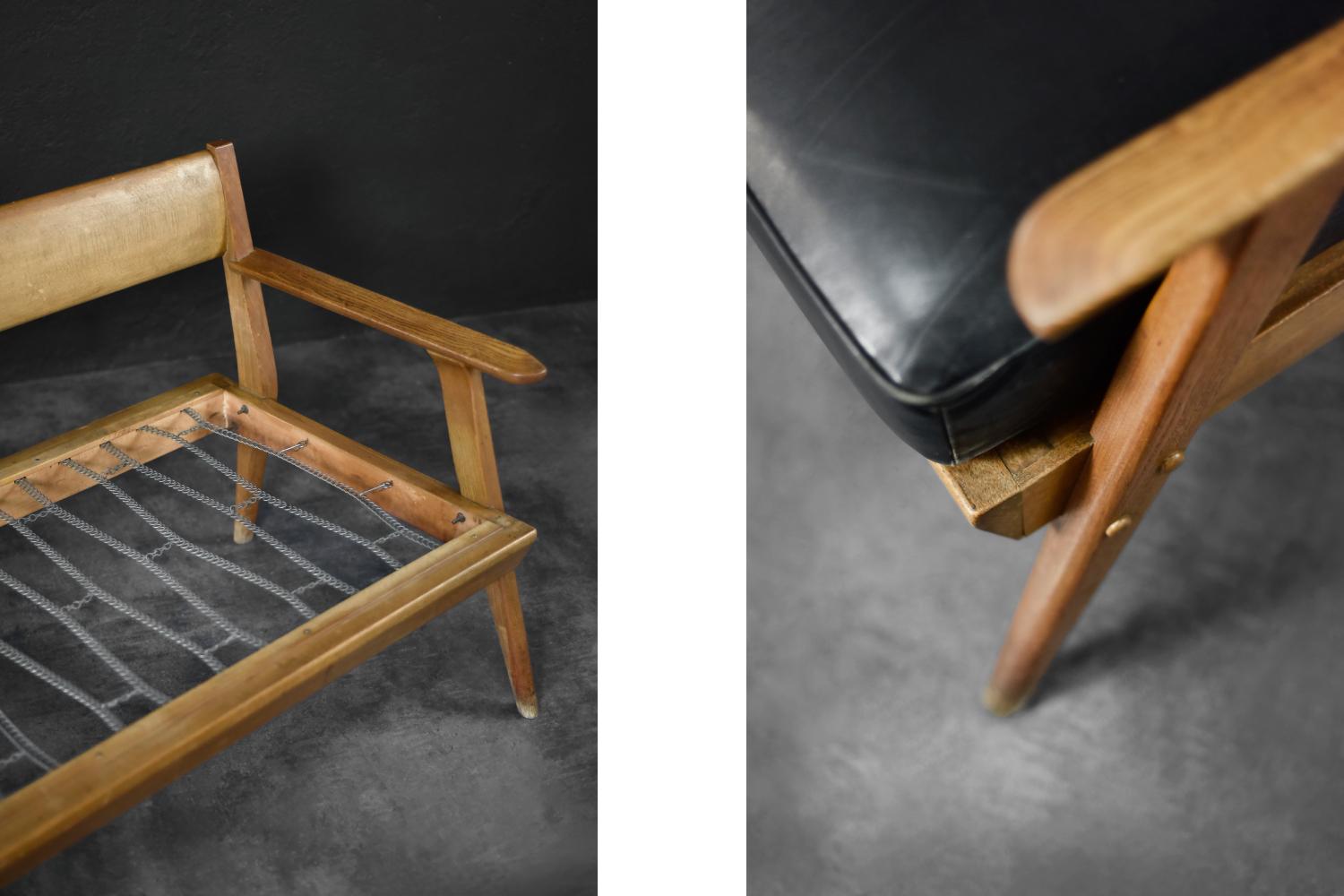 Vintage Mid-Century German Modern Oak & Black Leather Sofa, 1960er Jahre im Angebot 13