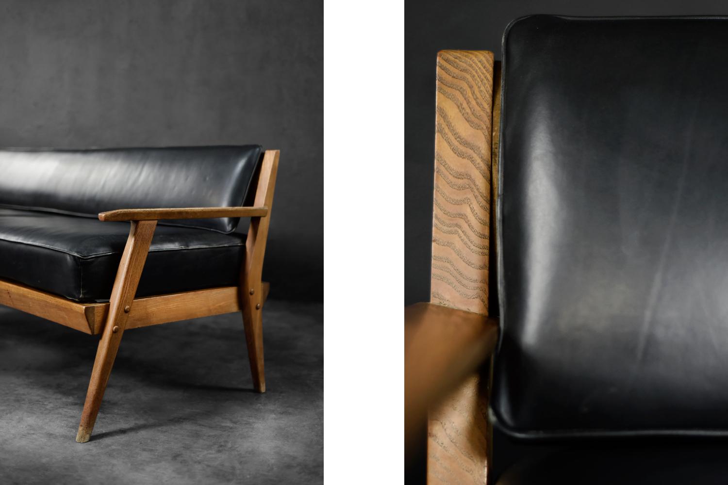 Vintage Mid-Century German Modern Oak & Black Leather Sofa, 1960er Jahre (Moderne der Mitte des Jahrhunderts) im Angebot