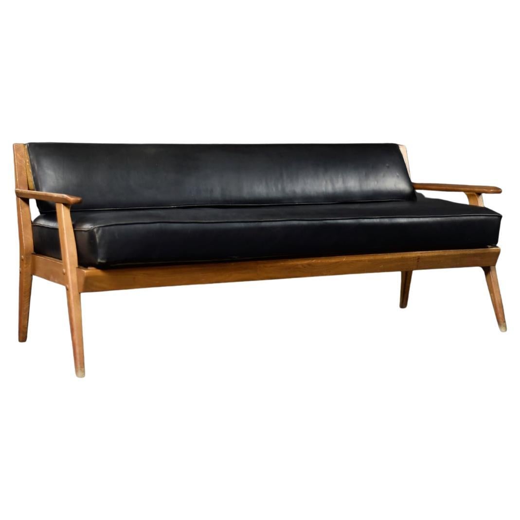 Divano moderno tedesco d
epoca di metà secolo in Oak e pelle nera, anni 
60