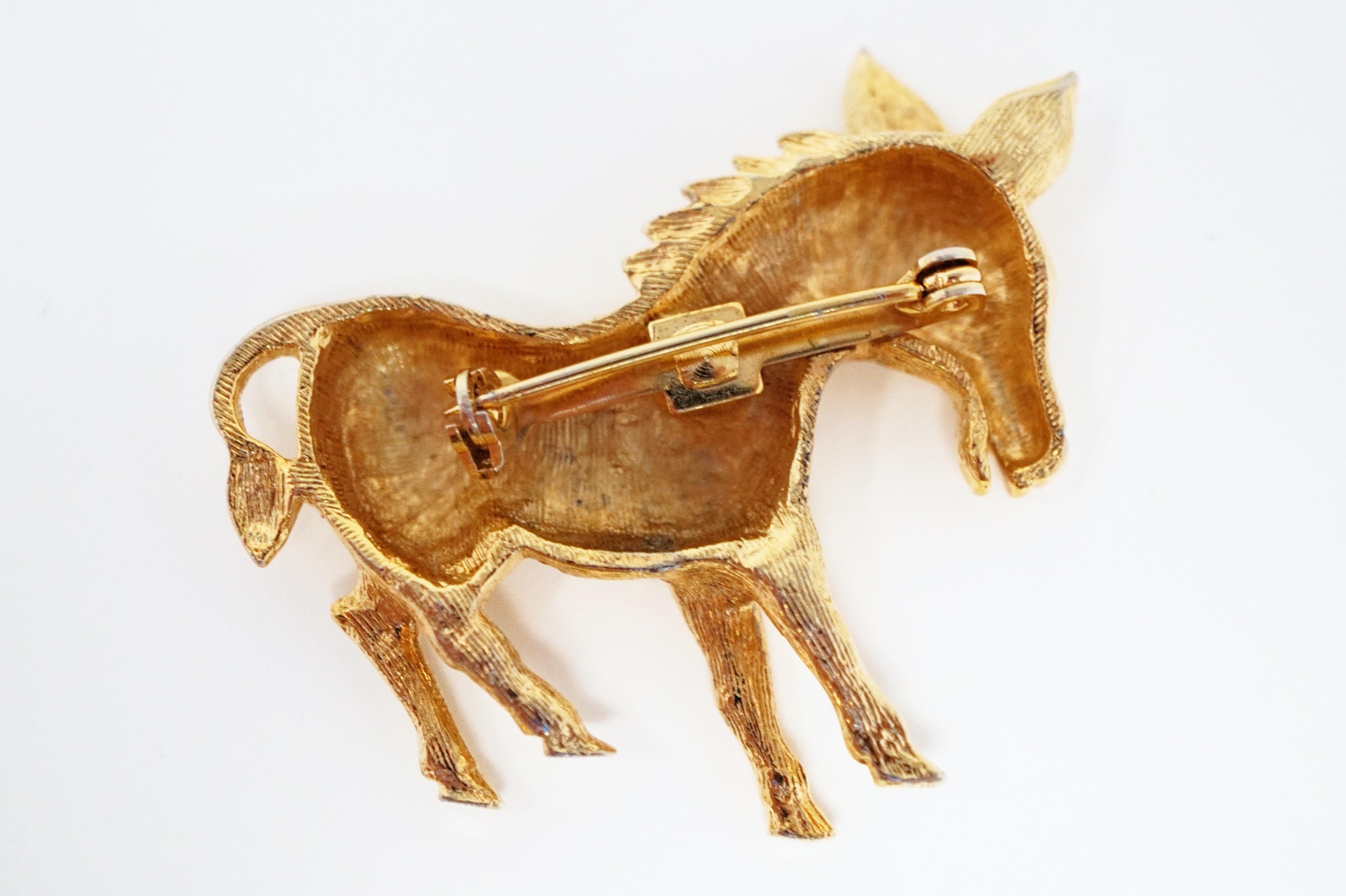 Vintage Mid-Century Gilded Pony Brooch with Blue Crystal Eye For Sale 5