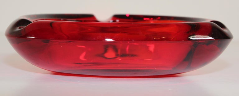 German Vintage Mid-Century Glass Ashtray Ruby Red Triangular For Sale