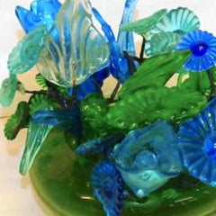 Vintage Mid-Century Glass Flower Arrangement in Footed Green Glass Bowl