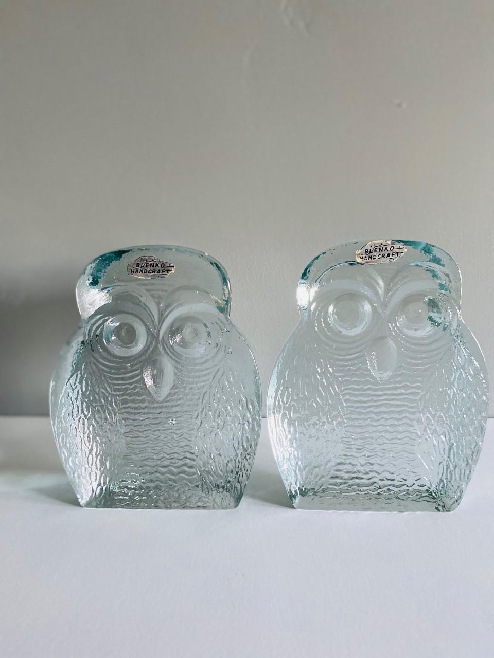 Blown Glass Vintage Midcentury Glass Owl Bookends by Blenko For Sale