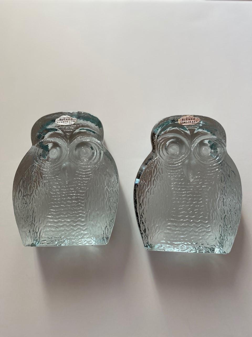 Vintage Midcentury Glass Owl Bookends by Blenko For Sale 5