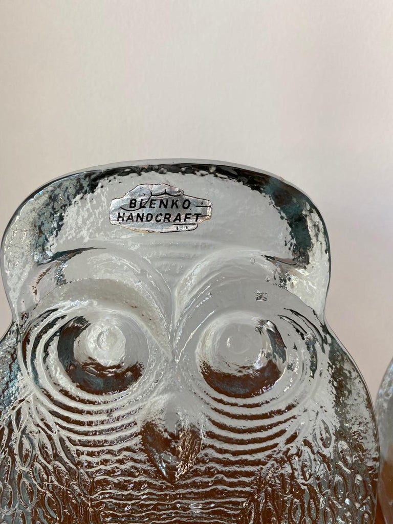 20th Century Vintage Midcentury Glass Owl Bookends by Blenko For Sale