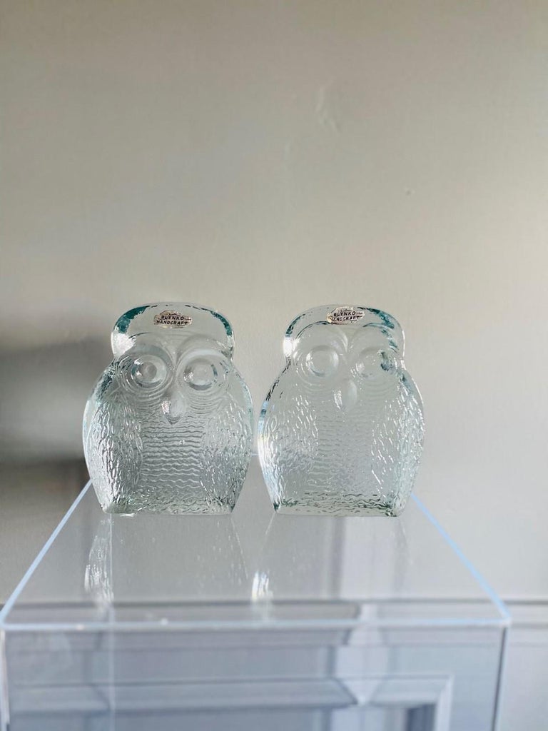 Blown Glass Vintage Midcentury Glass Owl Bookends by Blenko For Sale