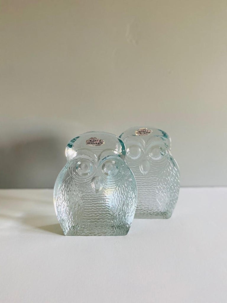 Vintage Midcentury Glass Owl Bookends by Blenko For Sale 1