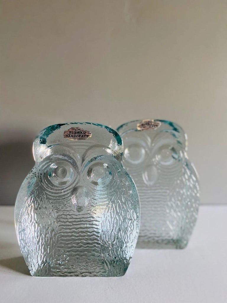 Vintage Midcentury Glass Owl Bookends by Blenko For Sale 2